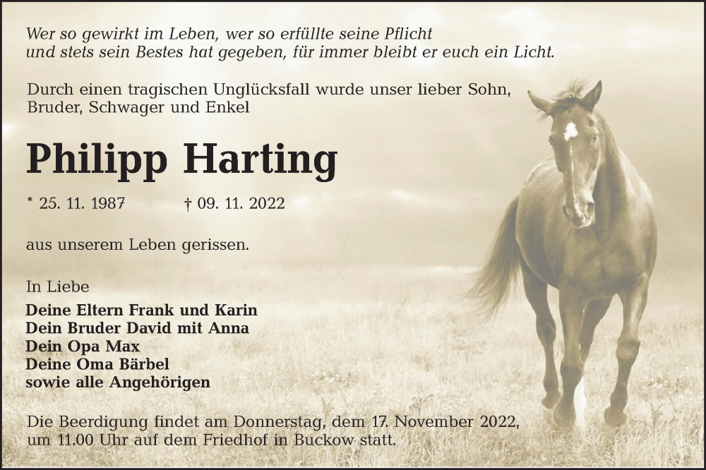  Traueranzeige für Philipp Harting vom 15.11.2022 aus lausitzer_rundschau