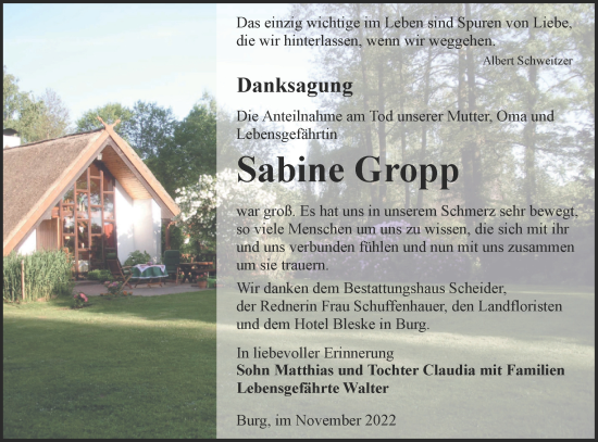 Traueranzeige von Sabine Gropp von lausitzer_rundschau