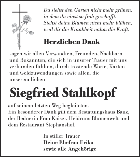 Traueranzeige von Siegfried Stahlkopf von lausitzer_rundschau