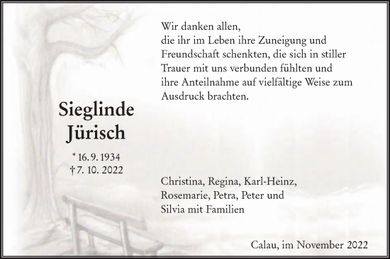 Traueranzeige von Sieglinde Jürisch von lausitzer_rundschau