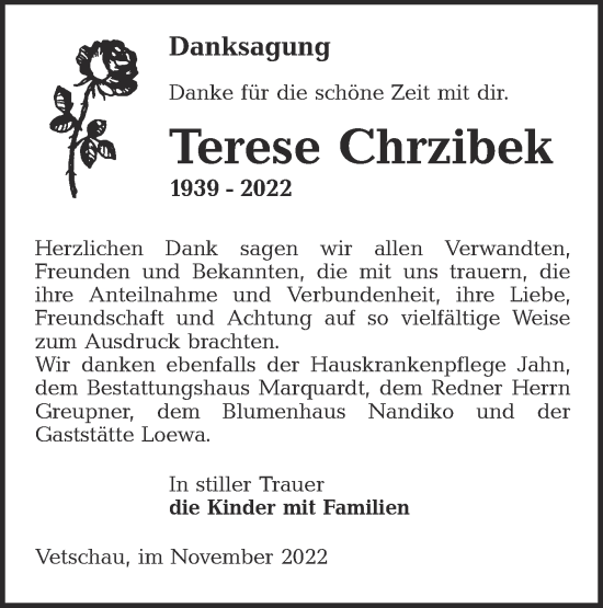 Traueranzeige von Terese Chrzibek von lausitzer_rundschau
