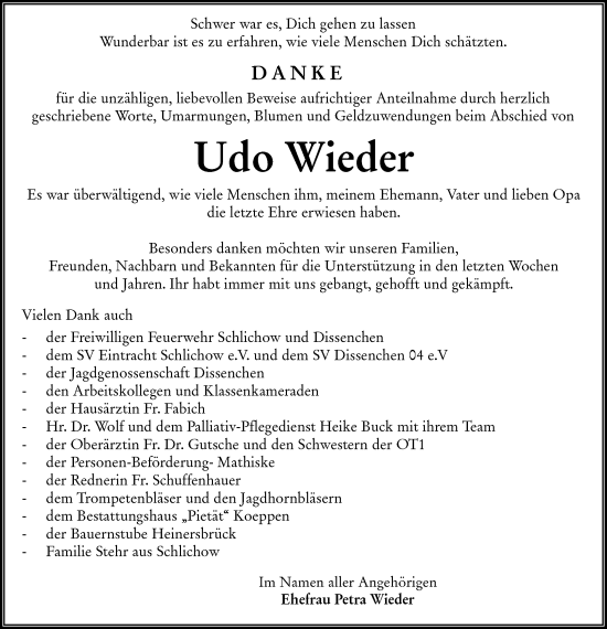 Traueranzeige von Udo Wieder von lausitzer_rundschau