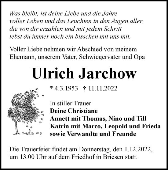 Traueranzeige von Ulrich Jarchow von lausitzer_rundschau