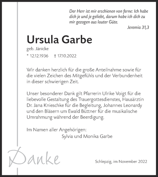 Traueranzeige von Ursula Garbe von lausitzer_rundschau