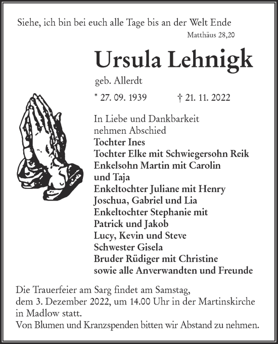 Traueranzeige von Ursula Lehnigk von lausitzer_rundschau