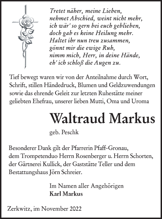 Traueranzeige von Waltraud Markus von lausitzer_rundschau