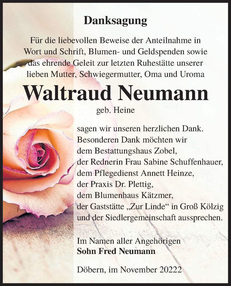  Traueranzeige für Waltraud Neumann vom 05.11.2022 aus lausitzer_rundschau