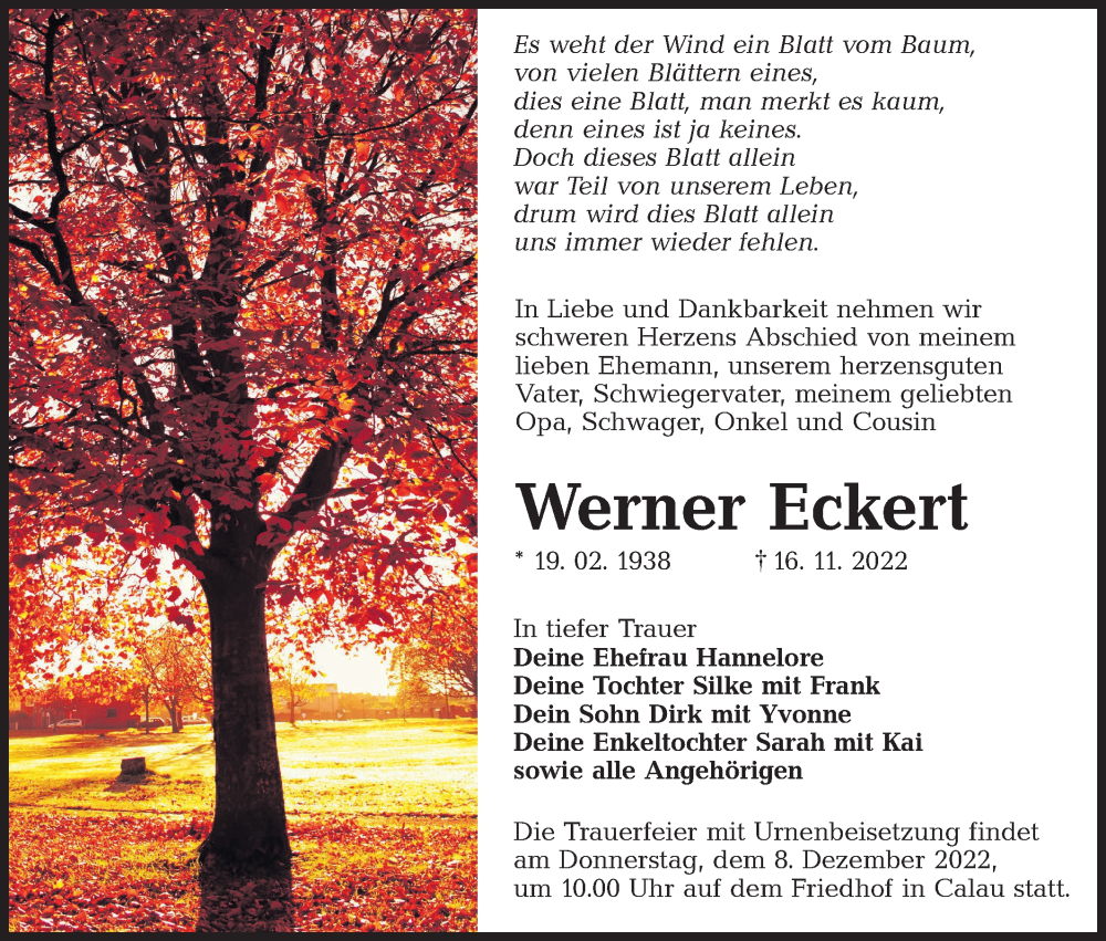  Traueranzeige für Werner Eckert vom 26.11.2022 aus lausitzer_rundschau