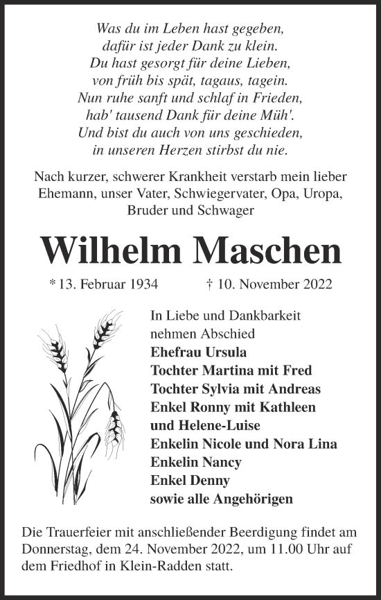 Traueranzeige von Wilhelm Maschen von lausitzer_rundschau