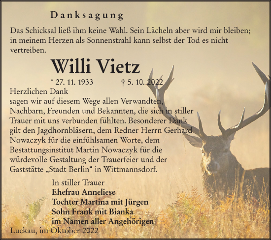 Traueranzeige von Willi Vietz von lausitzer_rundschau