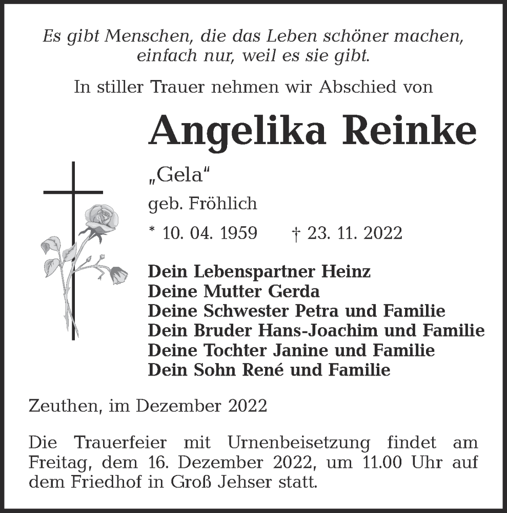  Traueranzeige für Angelika Reinke vom 10.12.2022 aus lausitzer_rundschau