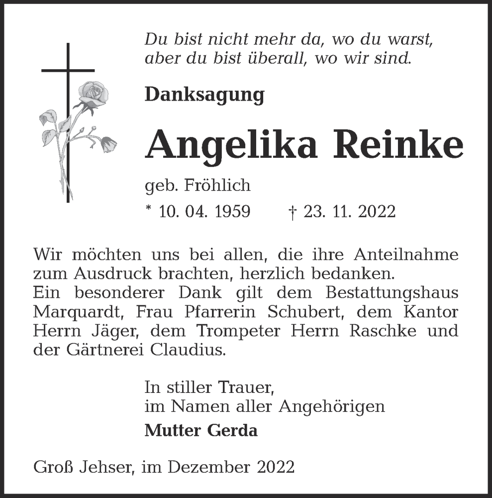  Traueranzeige für Angelika Reinke vom 31.12.2022 aus lausitzer_rundschau