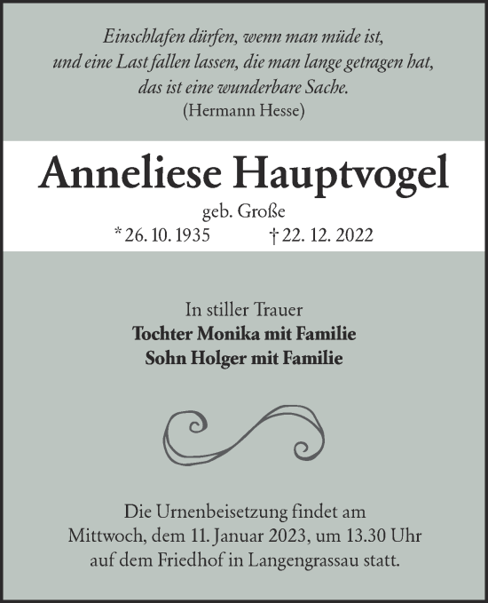 Traueranzeige von Anneliese Hauptvogel von lausitzer_rundschau