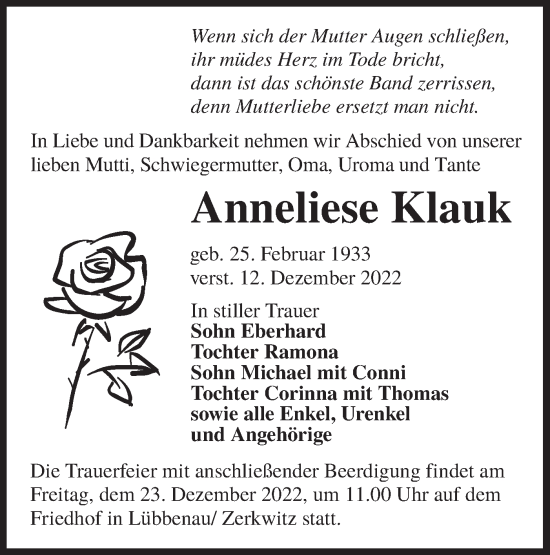 Traueranzeige von Anneliese Klauk von lausitzer_rundschau
