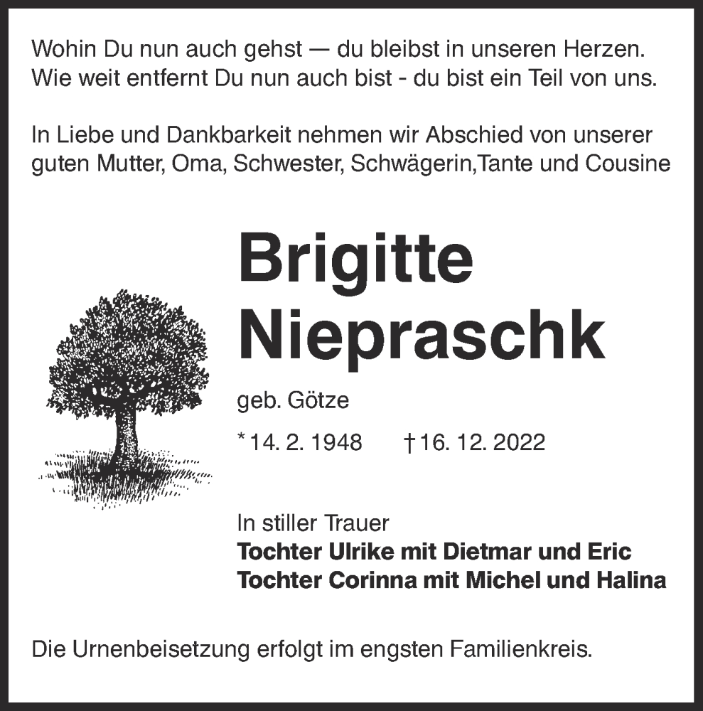  Traueranzeige für Brigitte Niepraschk vom 24.12.2022 aus lausitzer_rundschau