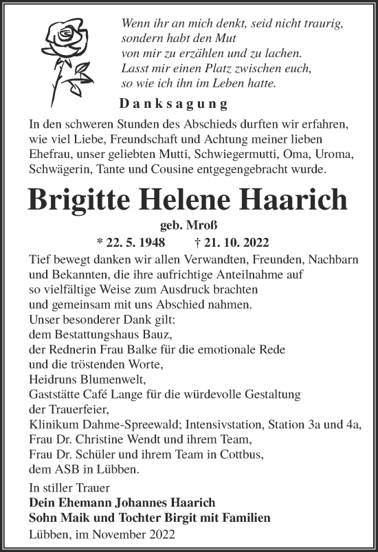 Traueranzeige von Brigitte Helene Haarich von lausitzer_rundschau