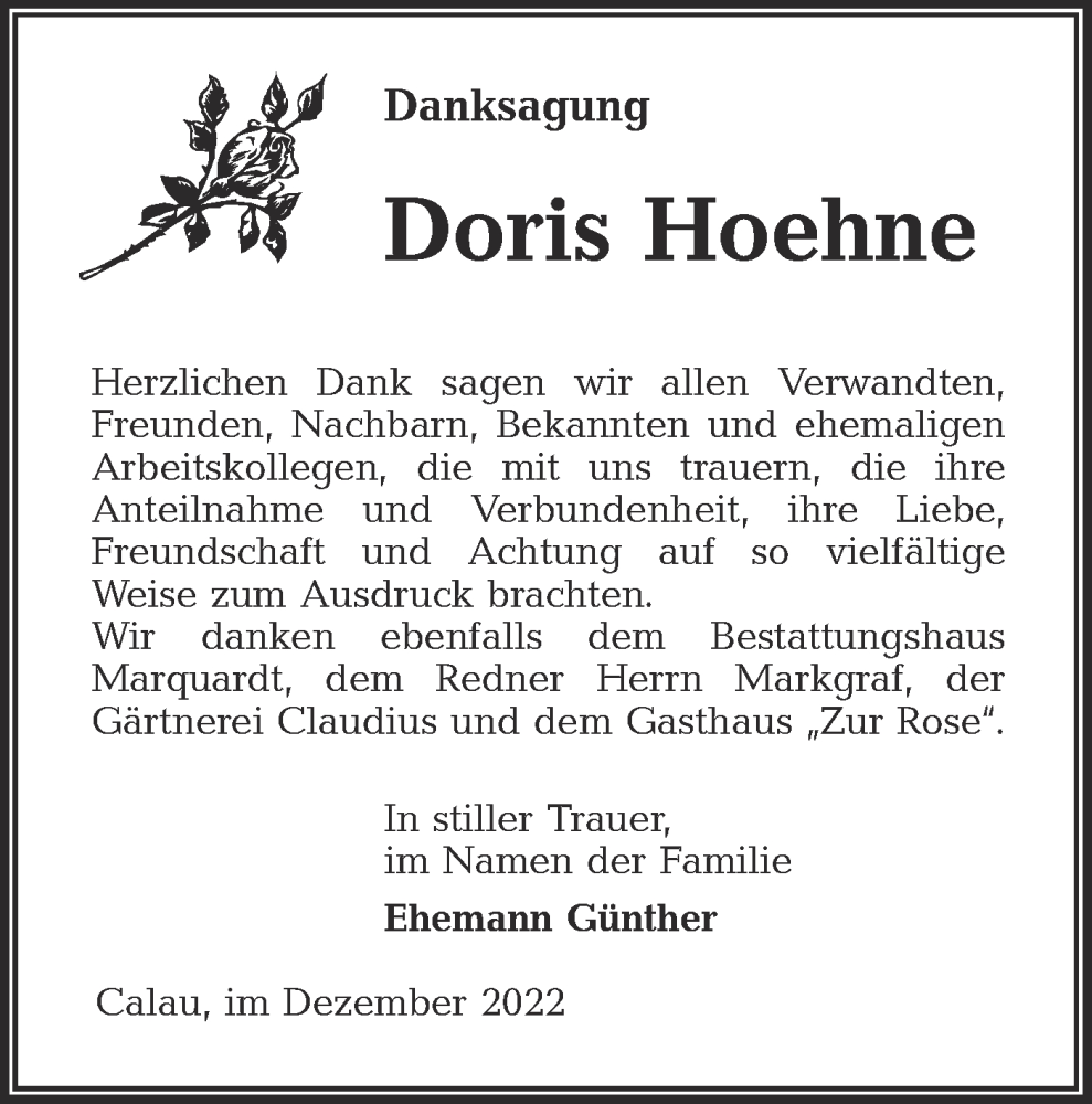  Traueranzeige für Doris Hoehne vom 10.12.2022 aus lausitzer_rundschau