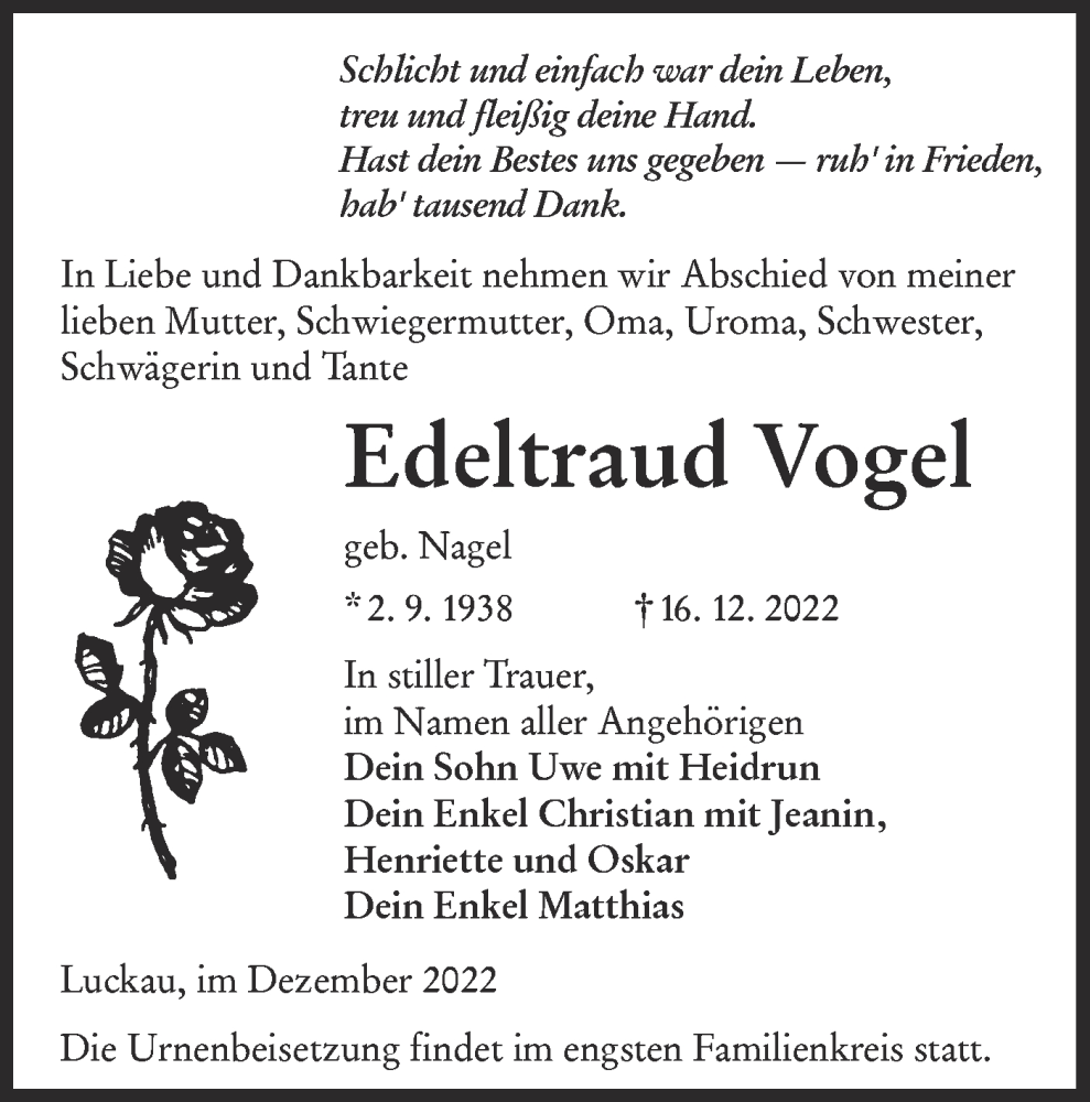  Traueranzeige für Edeltraud Vogel vom 24.12.2022 aus lausitzer_rundschau