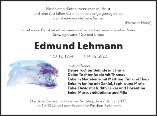 Traueranzeige von Edmund Lehmann von lausitzer_rundschau