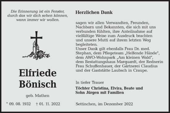 Traueranzeige von Elfriede Bönisch von lausitzer_rundschau