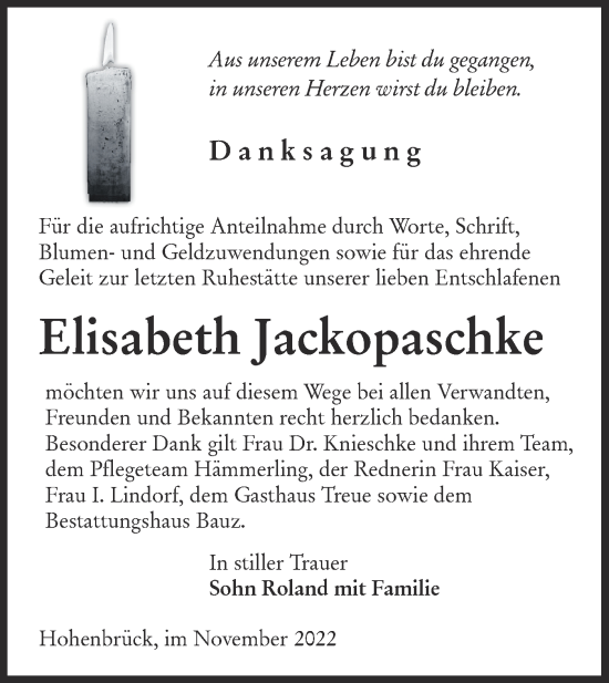 Traueranzeige von Elisabeth Jackopaschke von lausitzer_rundschau