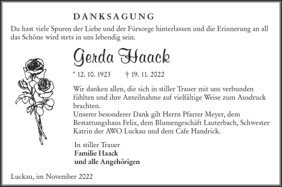 Traueranzeige von Gerda Haack von lausitzer_rundschau