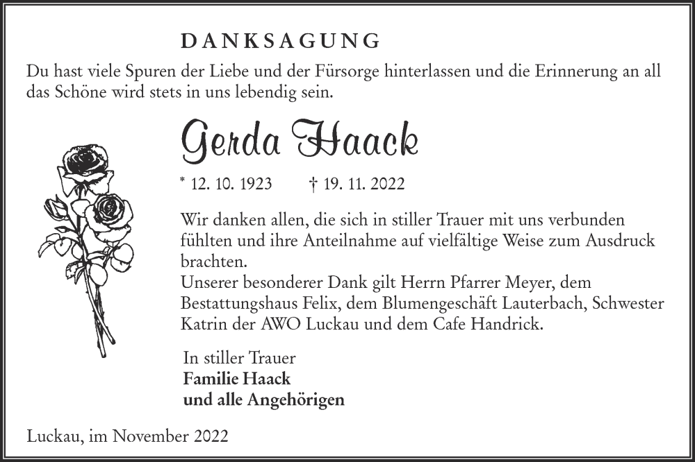  Traueranzeige für Gerda Haack vom 03.12.2022 aus lausitzer_rundschau
