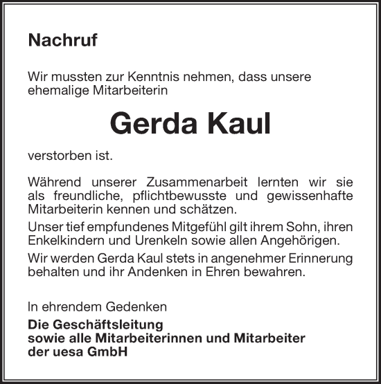 Traueranzeige von Gerda Kaul von lausitzer_rundschau