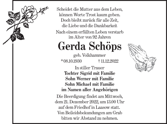 Traueranzeige von Gerda Schöps von lausitzer_rundschau