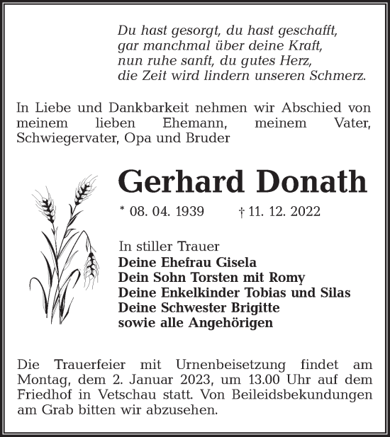 Traueranzeige von Gerhard Donath von lausitzer_rundschau
