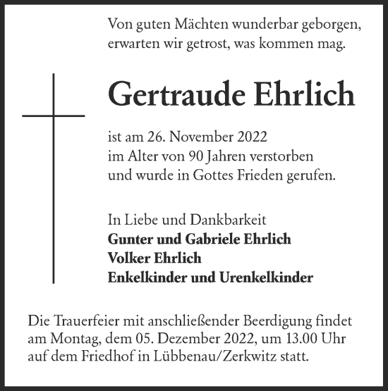 Traueranzeige von Gertraude Ehrlich von lausitzer_rundschau