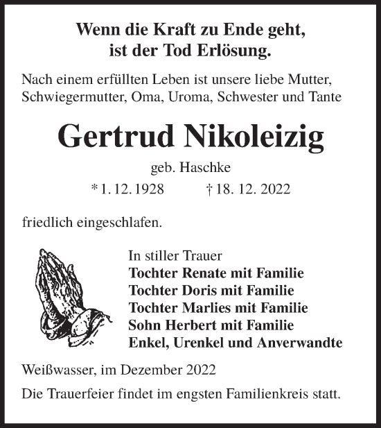 Traueranzeige von Gertrud Nikoleizig von lausitzer_rundschau