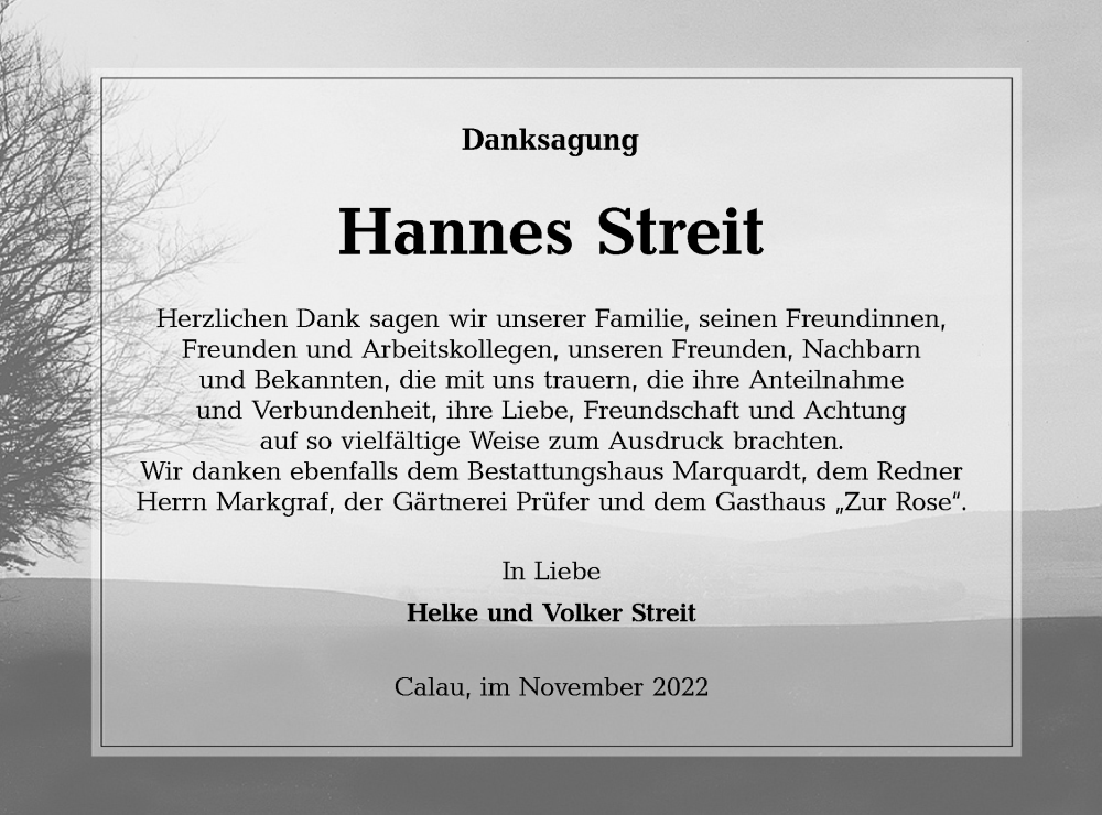  Traueranzeige für Hannes Streit vom 03.12.2022 aus lausitzer_rundschau