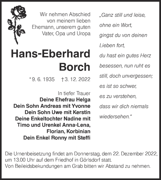 Traueranzeige von Hans-Eberhard Borch von lausitzer_rundschau