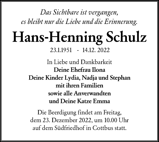 Traueranzeige von Hans-Henning Schulz von lausitzer_rundschau