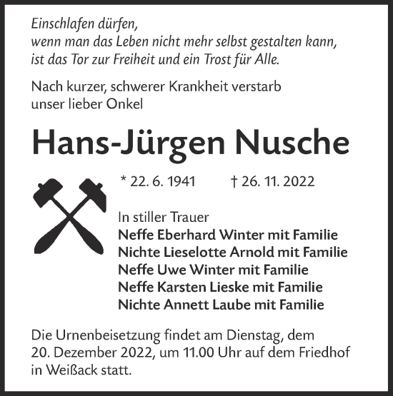 Traueranzeige von Hans-Jürgen Nusche von lausitzer_rundschau