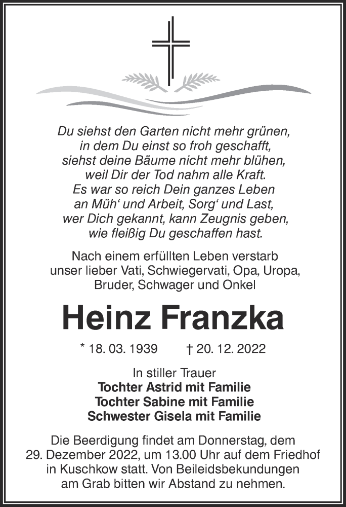  Traueranzeige für Heinz Franzka vom 24.12.2022 aus lausitzer_rundschau