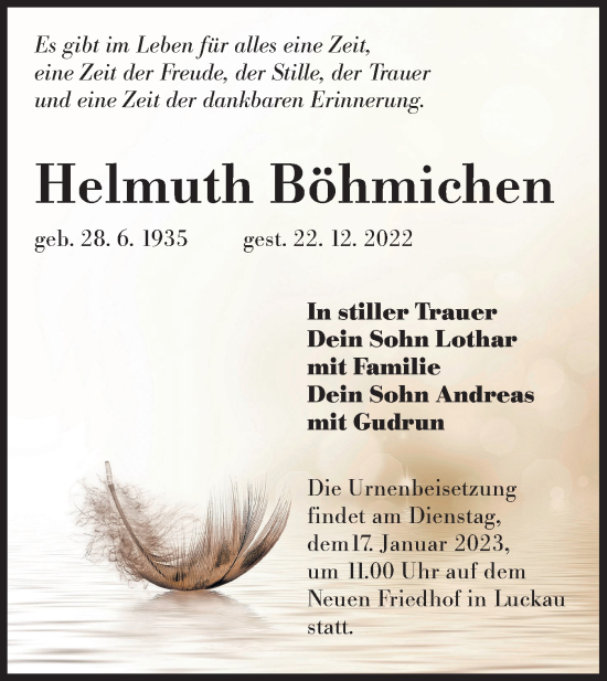 Traueranzeige von Helmuth Böhmichen von lausitzer_rundschau