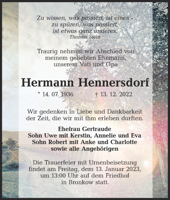 Traueranzeige von Hermann Hennersdorf von lausitzer_rundschau