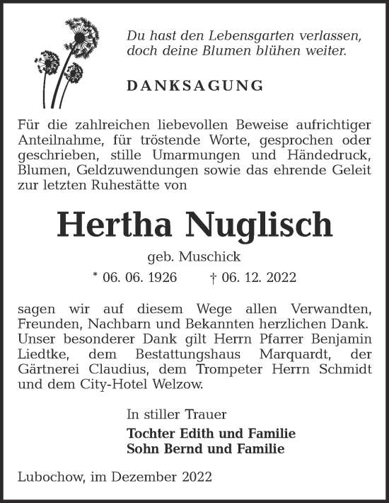 Traueranzeige von Hertha Nuglisch von lausitzer_rundschau
