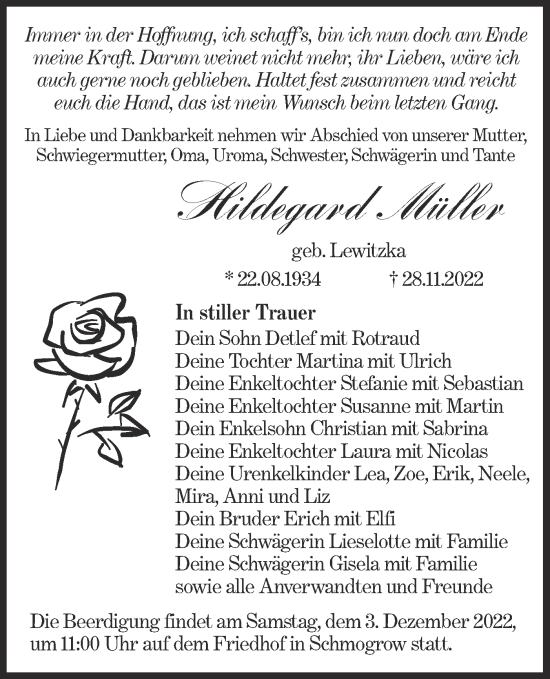 Traueranzeige von Hildegard Müller von lausitzer_rundschau