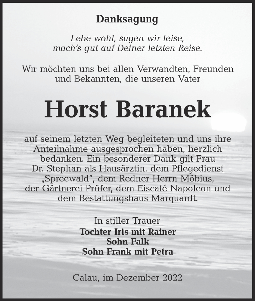  Traueranzeige für Horst Baranek vom 03.12.2022 aus lausitzer_rundschau