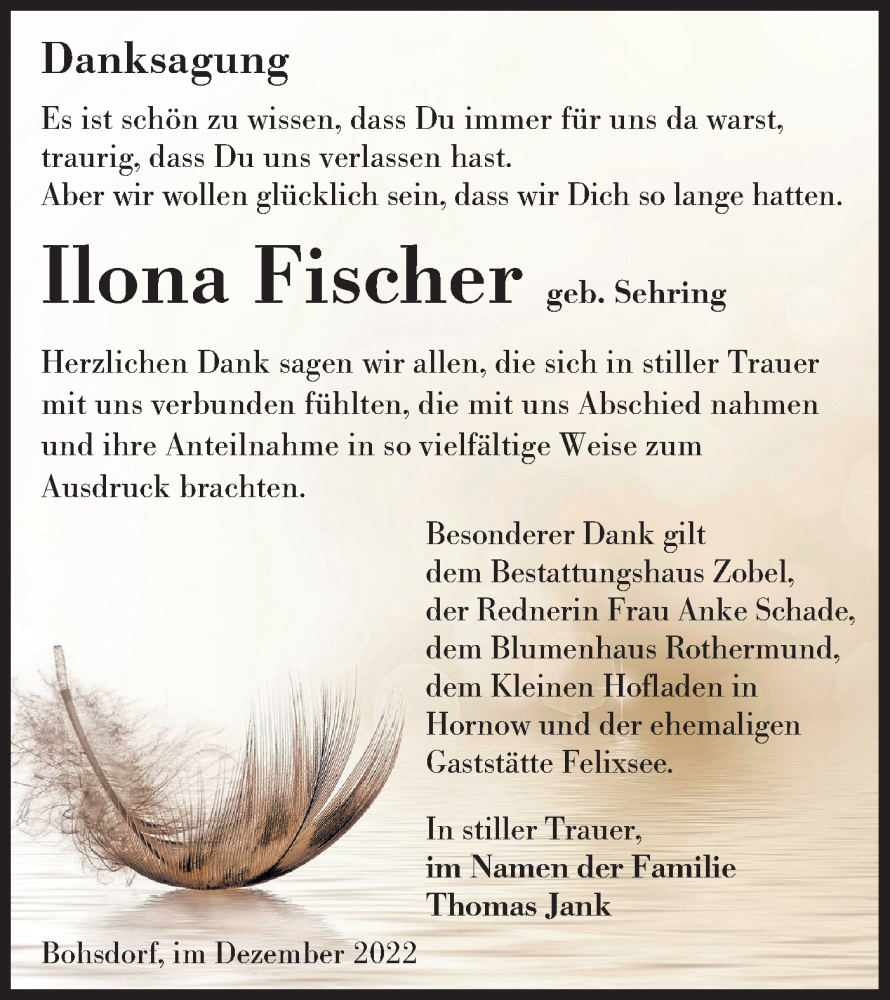  Traueranzeige für Ilona Fischer vom 24.12.2022 aus lausitzer_rundschau