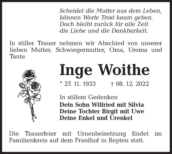 Traueranzeige von Inge Woithe von lausitzer_rundschau
