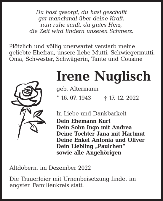 Traueranzeige von Irene Nuglisch von lausitzer_rundschau