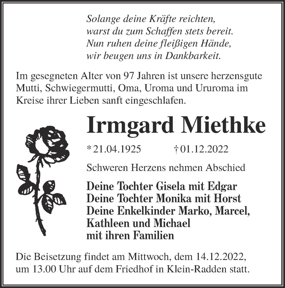 Traueranzeige für Irmgard Miethke vom 10.12.2022 aus lausitzer_rundschau
