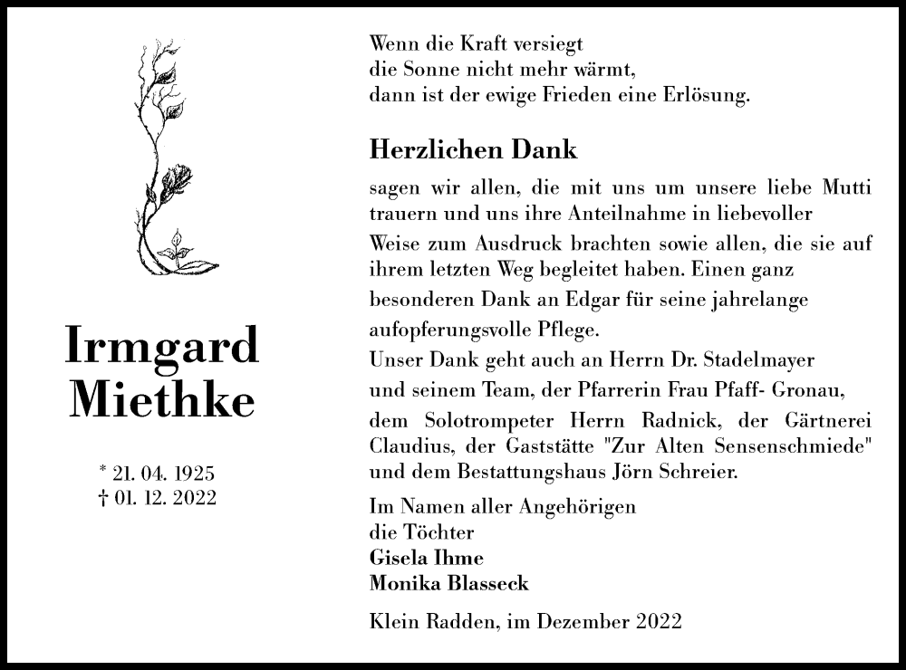  Traueranzeige für Irmgard Miethke vom 24.12.2022 aus lausitzer_rundschau