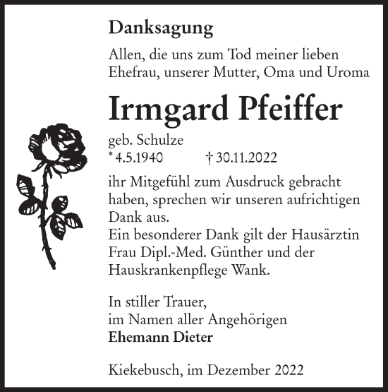 Traueranzeige von Irmgard Pfeiffer von lausitzer_rundschau