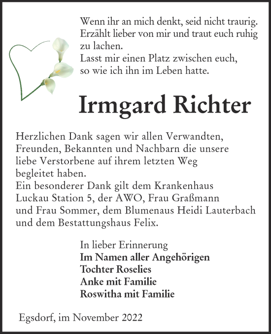 Traueranzeige von Irmgard Richter von lausitzer_rundschau