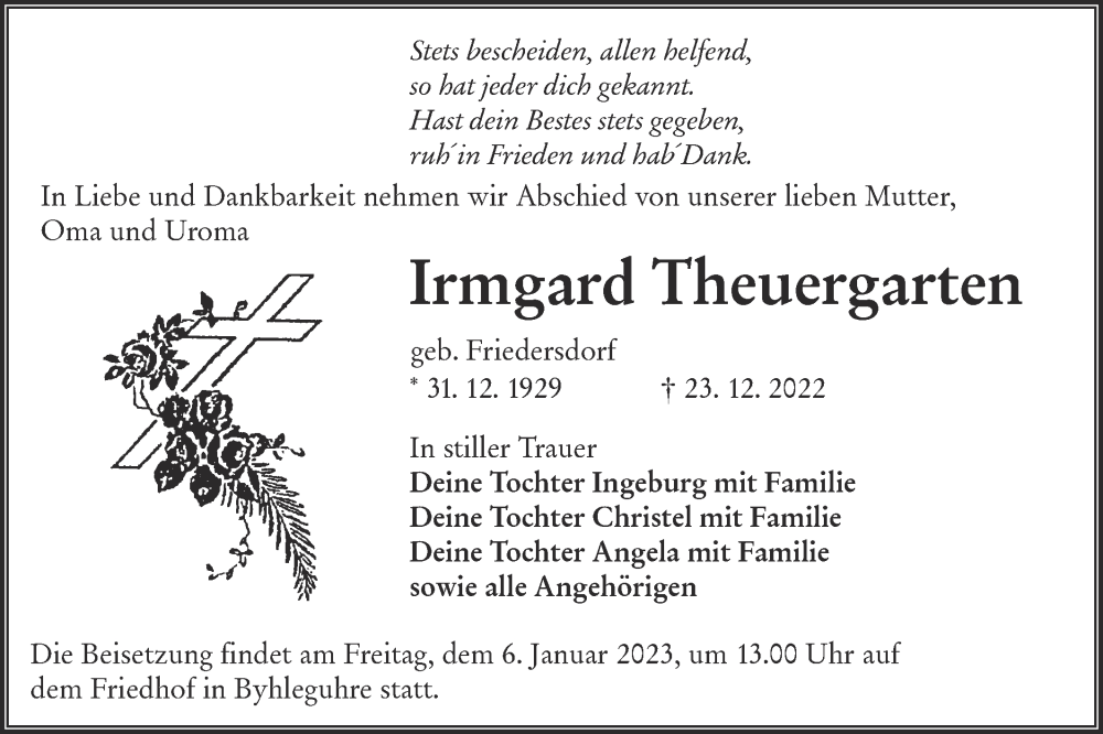  Traueranzeige für Irmgard Theuergarten vom 31.12.2022 aus lausitzer_rundschau